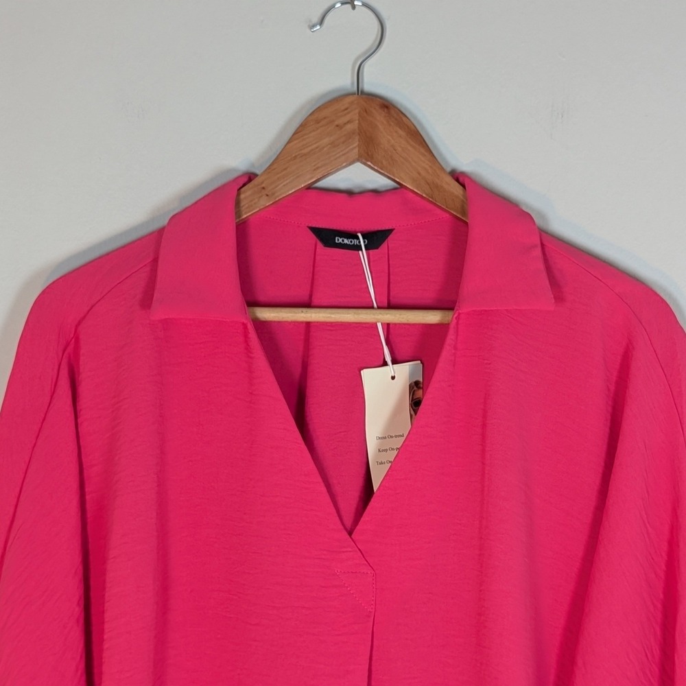 Dokotoo Hot Pink V-Neck Blouse Smocked Cuff Long Sleeve Top Large New